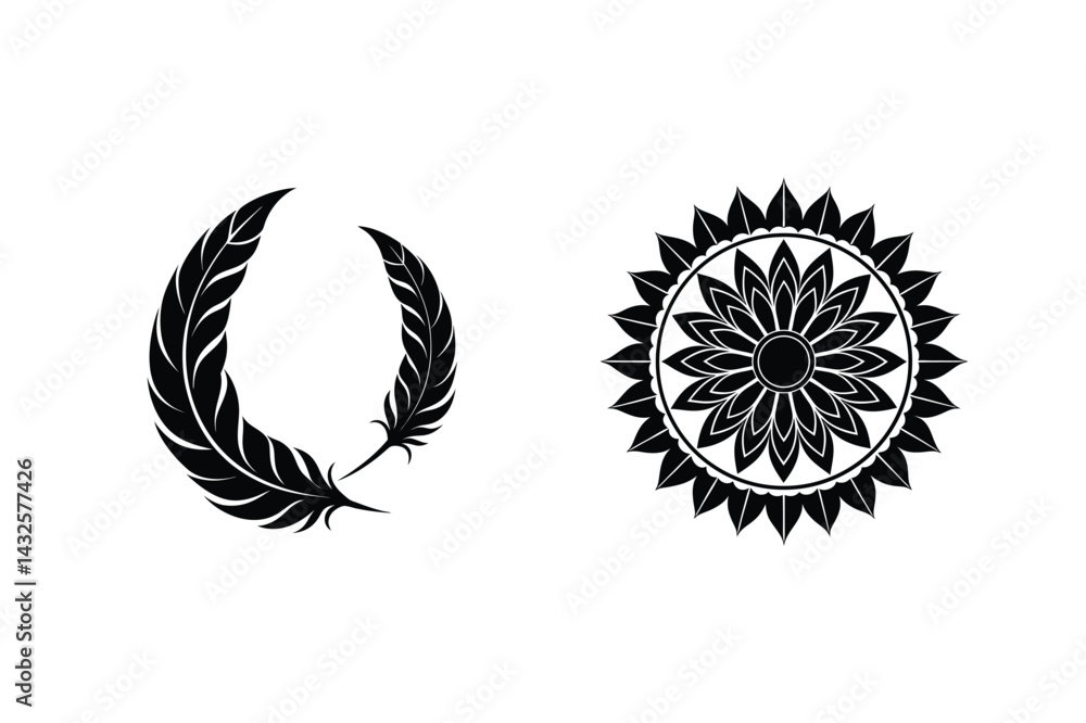 Black Feather Silhouettes And Ornamental Mandala Vector Illustration On White Background Black Feather Silhouettes And Ornamental Mandala Vector Illustration On White Background