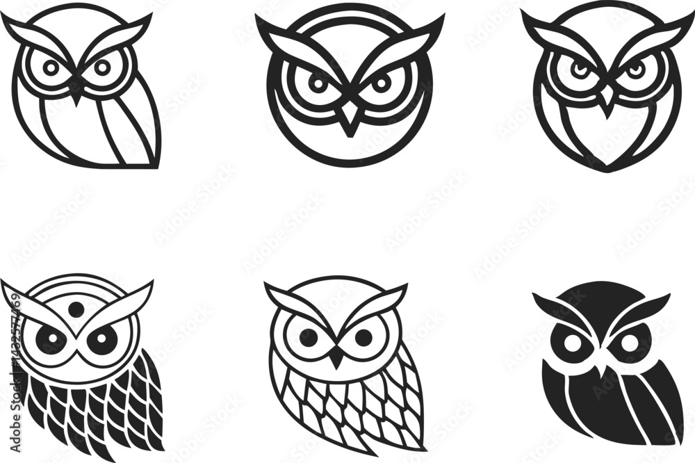 Various Owl Faces and Icons Minimalist Designs, Stylized Heads, Geometric Shapes, and Vector Owl Art Various Owl Faces and Icons Minimalist Designs, Stylized Heads, Geometric Shapes, and Vector Owl Art