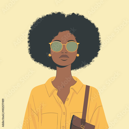 African woman with tapered afro cut, wearing oversized shirt, crossbody bag, and round glasses, casual fashion style vector illustration