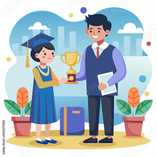 Graduation Ceremony. Student Receives Award and Trophy