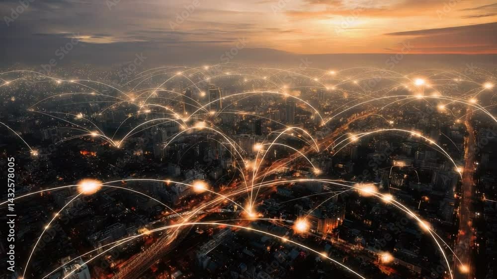 Digital City Grid: A vibrant cityscape pulsates with interconnected networks, showcasing a network of advanced connectivity across the city.