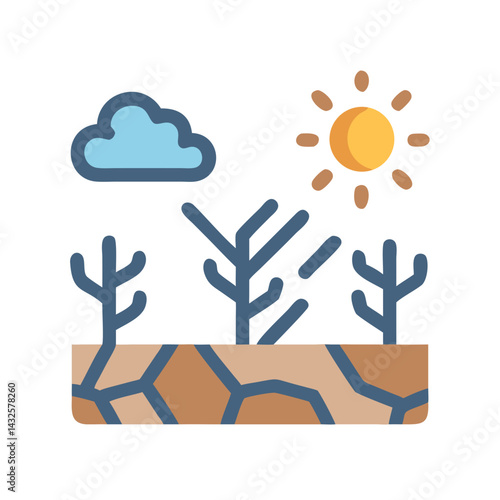 Desert landscape with sun, cloud, and cracked earth