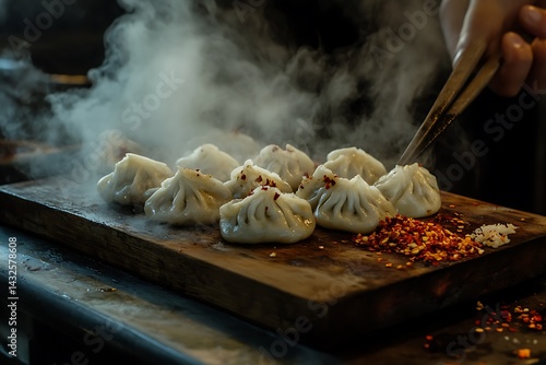 wooden board with steamed momos