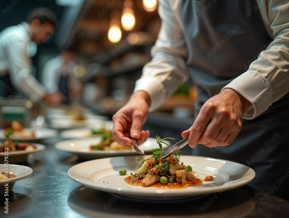 A chef is meticulously arranging a dish on a white plate, using a spoon and fork to add a garnish of herbs, ensuring the presentation is perfect