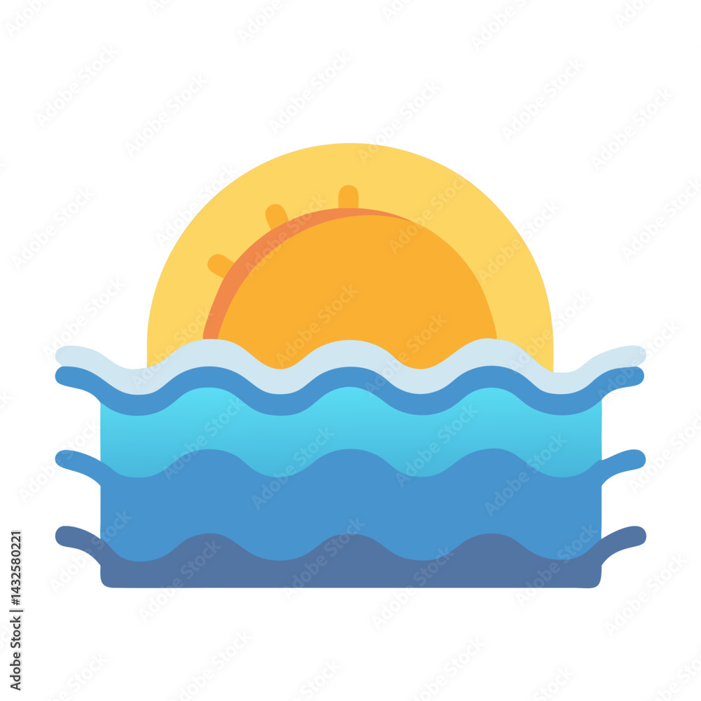 Cartoon Sun Setting Behind the Sea Waves Icon Cartoon Sun Setting Behind the Sea Waves Icon