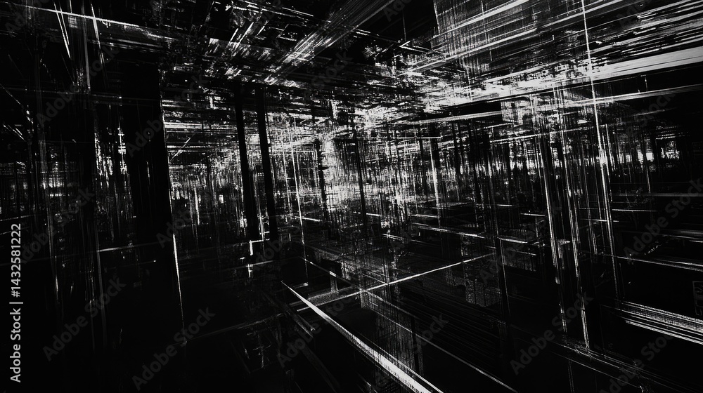 Fototapeta premium Abstract Digital Cityscape: A Monochrome Exploration of Virtual Architecture and Technological Structures