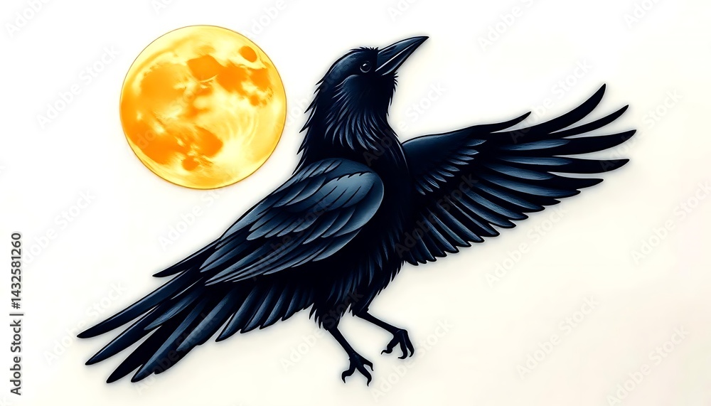 Fototapeta premium Majestic Raven Soaring Against a Vibrant Yellow Moon, Detailed Illustration, Dark Feathers, Mystical Bird, Night Sky, Fantasy Art