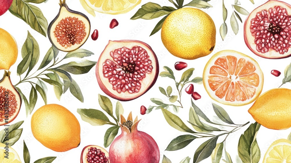 Obraz premium Vibrant fruit pattern with leaves and botanical elements