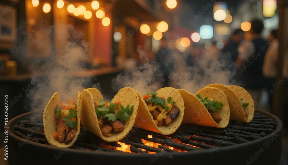 Delicious tacos grilling on a hot grate, smoky and flavorful, perfect for a night out.