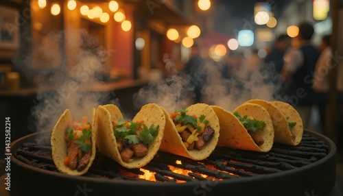 Obraz na płótnie Delicious tacos grilling on a hot grate, smoky and flavorful, perfect for a night out. w salonie