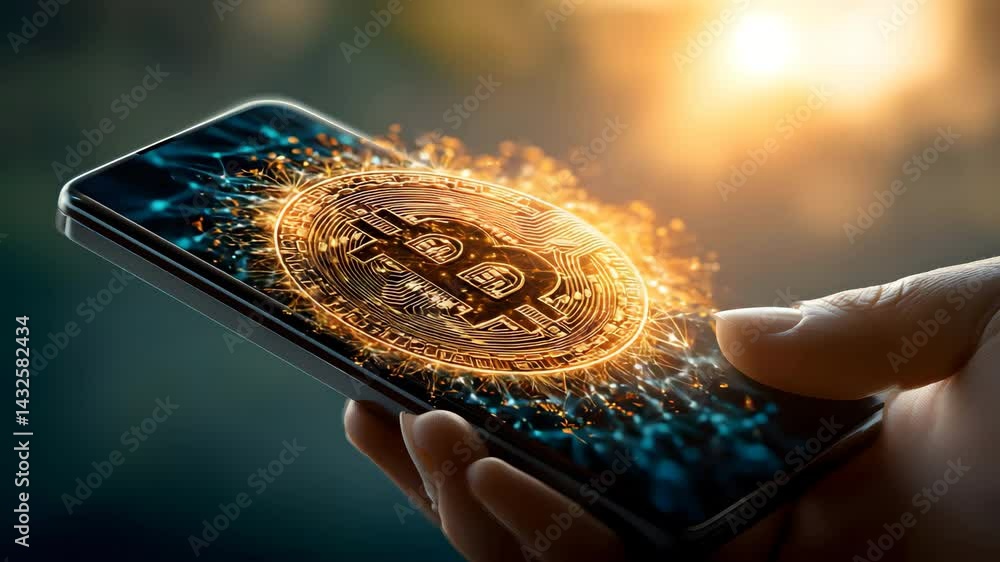 Hand holding smartphone displaying bitcoin symbolizing digital currency and finance trends