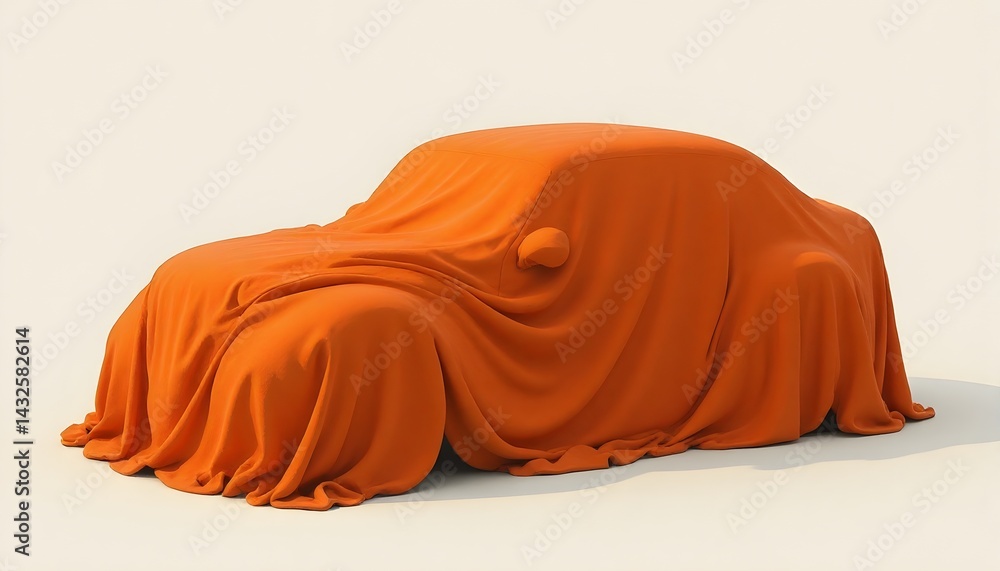 A vibrant orange cloth drapes over a mystery car, hinting at an exciting reveal.