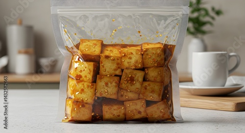 Obraz na płótnie Delicious marinated tofu cubes in a clear resealable bag, ready to be enjoyed. A simple and healthy meal prep idea. w salonie