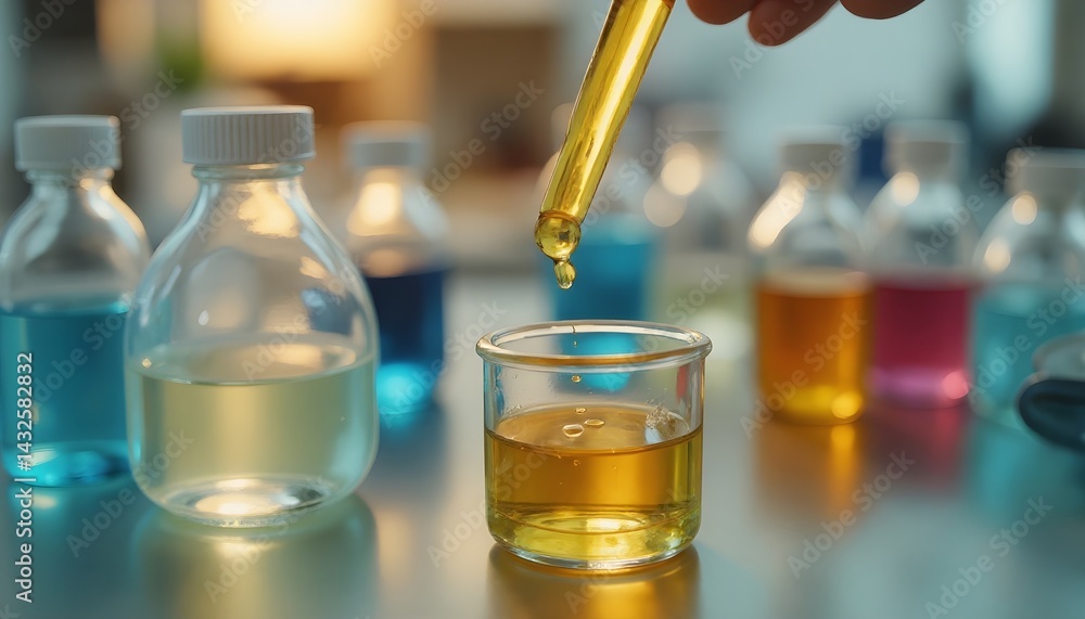 A hand uses a pipette to add a golden liquid to a small glass beaker. Surrounding it are several bottles filled with various colored liquids.