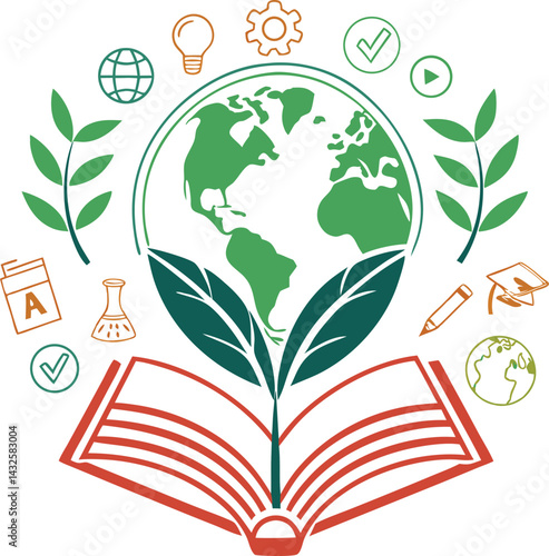 Global education vector graphic with environmental awareness, open book, human figure, and sustainability symbol 