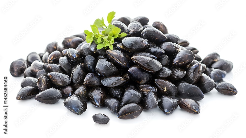 Shiny black mussels piled with green sprigs on bright white background aquatic food Shiny black mussels piled with green sprigs on bright white background aquatic food