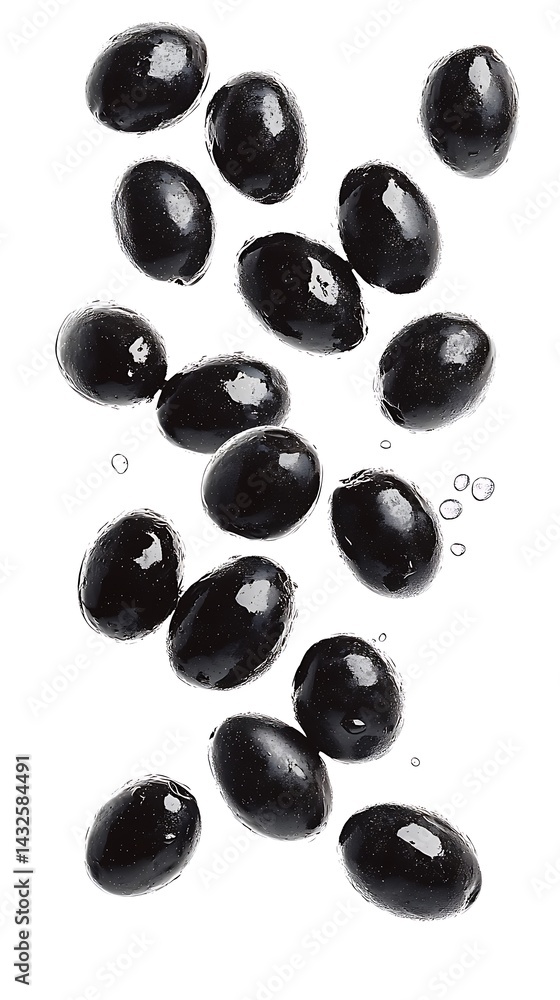 Shiny Black Olives Floating with Water Droplets Isolated on a White Background Shiny Black Olives Floating with Water Droplets Isolated on a White Background