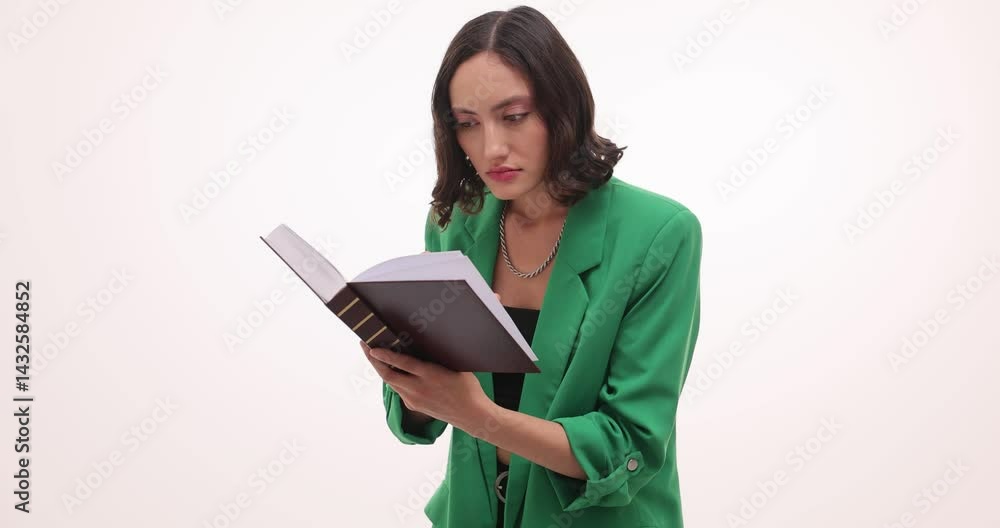 Woman reads book with surprised and astonished expression with mouth agape. Reaction suggests encountered unexpected information in text slow motion Woman reads book with surprised and astonished expression with mouth agape. Reaction suggests encountered unexpected information in text slow motion