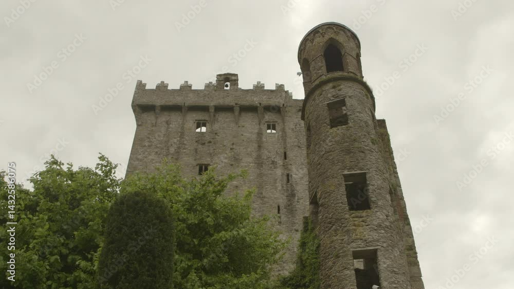 Low-angle view of Blarney Castle's weathered stone tower under grey skies, capturing its imposing medieval charm and Irish legend. Low-angle view of Blarney Castle's weathered stone tower under grey skies, capturing its imposing medieval charm and Irish legend.