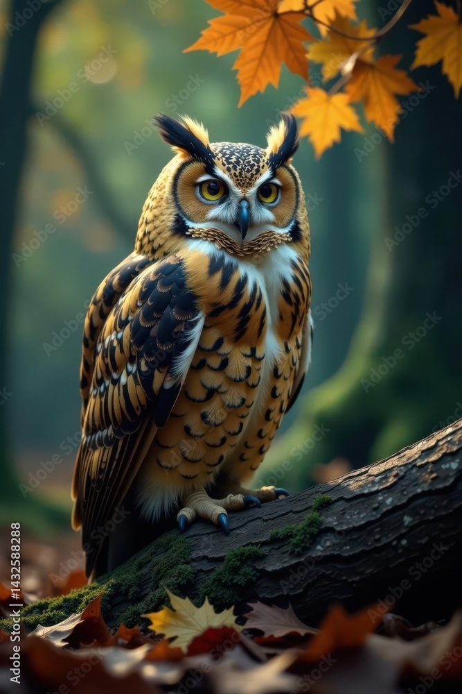 Obraz premium Mystical being cradles owl; autumnal forest backdrop , forest, scene, nature
