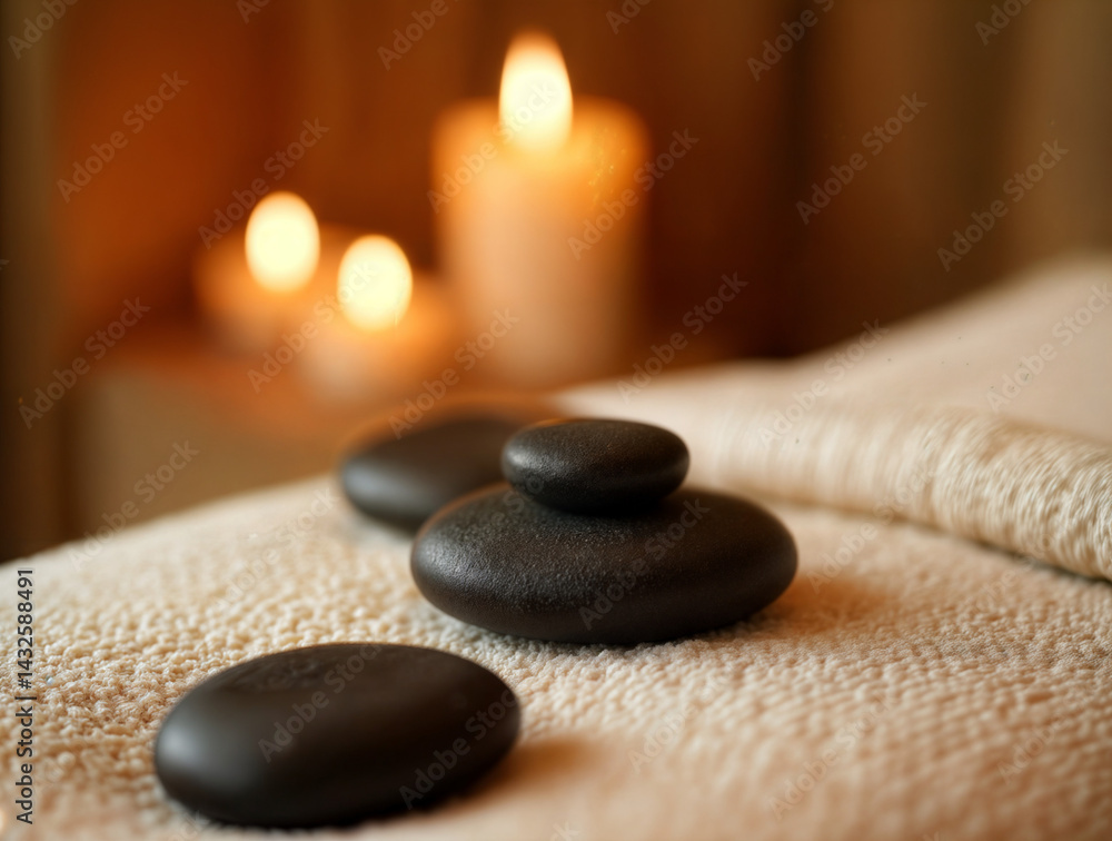 The image shows a tranquil spa setting with smooth black stones arranged in a line on a towel, accompanied by three lit candles in the background, casting a warm, inviting glow