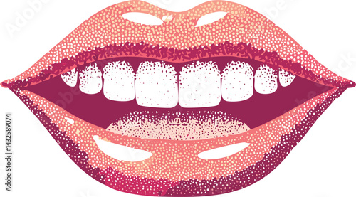 Stylized Pop Art Graphic of Pixelated Lips Featuring Glossy Red Lipstick and Exaggerated Teeth Digital Illustration with 8 Bit Aesthetic and High Contrast