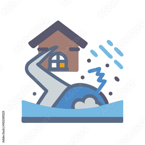 House destroyed by flood with storm and rain