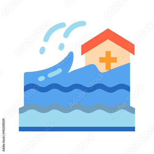 Hospital Flood Natural Disaster Illustration on Black Background
