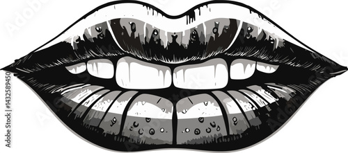 Intricate Black and White Illustration Featuring Detailed Lips with a City Skyline Reflection Using Double Exposure Technique Surreal Urban Landscape in the Mouth