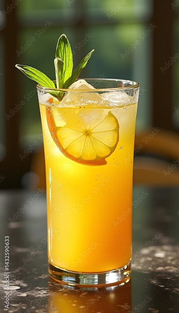 Refreshing citrus beverage with ice and mint garnish. Perfect for a summer day!