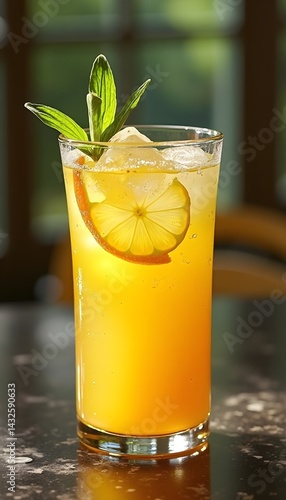 Obraz na płótnie Refreshing citrus beverage with ice and mint garnish. Perfect for a summer day! w salonie