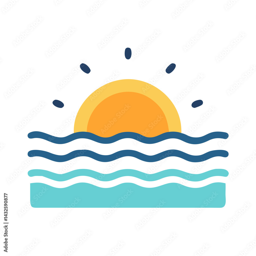 Sunset over the ocean waves, stylized vector icon Sunset over the ocean waves, stylized vector icon