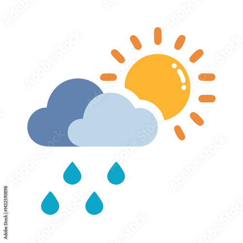 Partly Sunny Weather Icon with Rain and Clouds