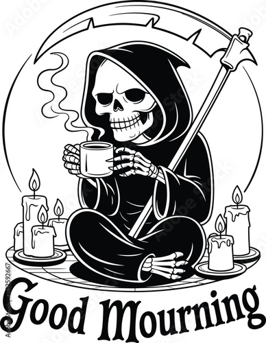 Grim reaper with coffee cup grim humor t shirt design vector images sarcastic death black and white illustration