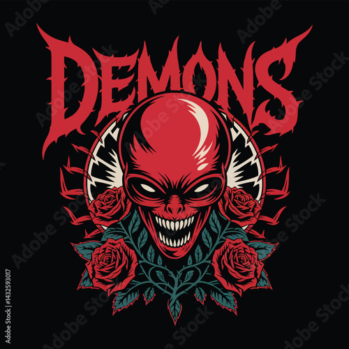 Demons skull with roses illustration for gothic apparel t shirt design vector images