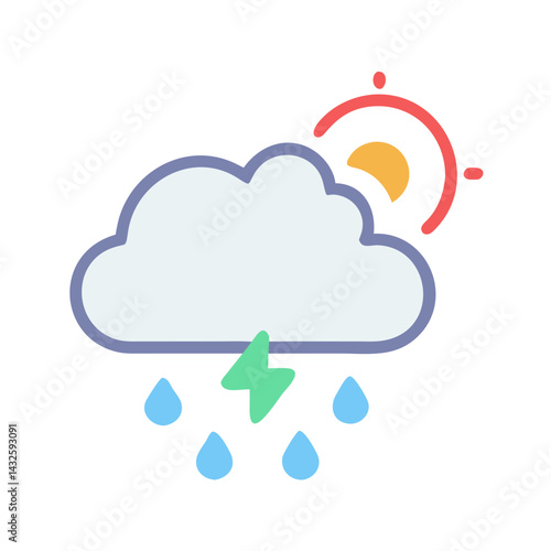 Cartoon weather icon: thunderstorm with sun in the sky