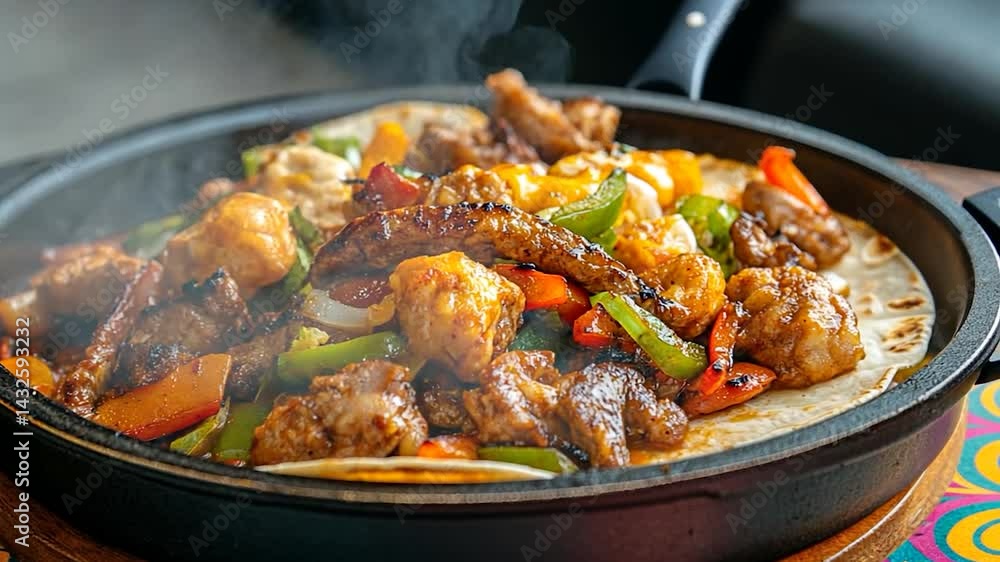 Sizzling Mexican fajitas with beef and vegetables served on a hot plate surrounded by tortillas vibrant food photography Sizzling Mexican fajitas with beef and vegetables served on a hot plate surrounded by tortillas vibrant food photography