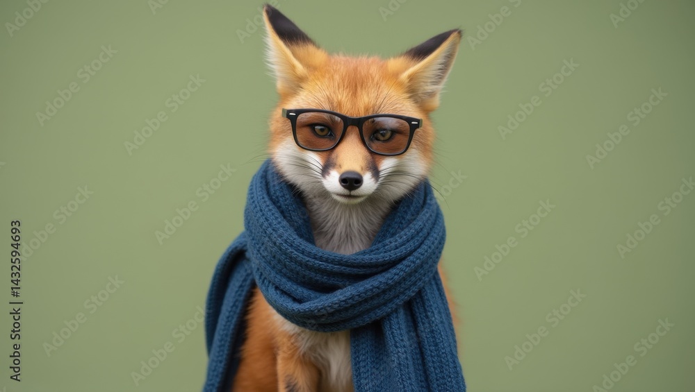 Fototapeta premium Mischievous fox in shades and scarf light green background close-up portrait