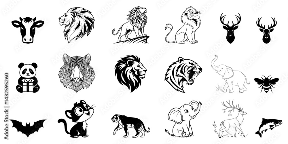 Set of Wild Animals: Lion, Tiger, and Elephant Vector Illustrations, Strong and Majestic Animal Artwork. Set of Wild Animals: Lion, Tiger, and Elephant Vector Illustrations, Strong and Majestic Animal Artwork.