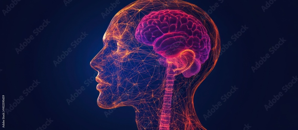 Human Mind Illustration: Neural Network Connection with Brain Render Concept Human Mind Illustration: Neural Network Connection with Brain Render Concept