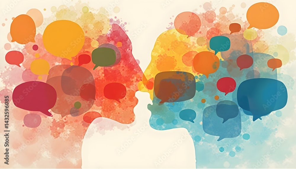 Two watercolor figures face each other, surrounded by colorful speech bubbles representing conversation and communication.