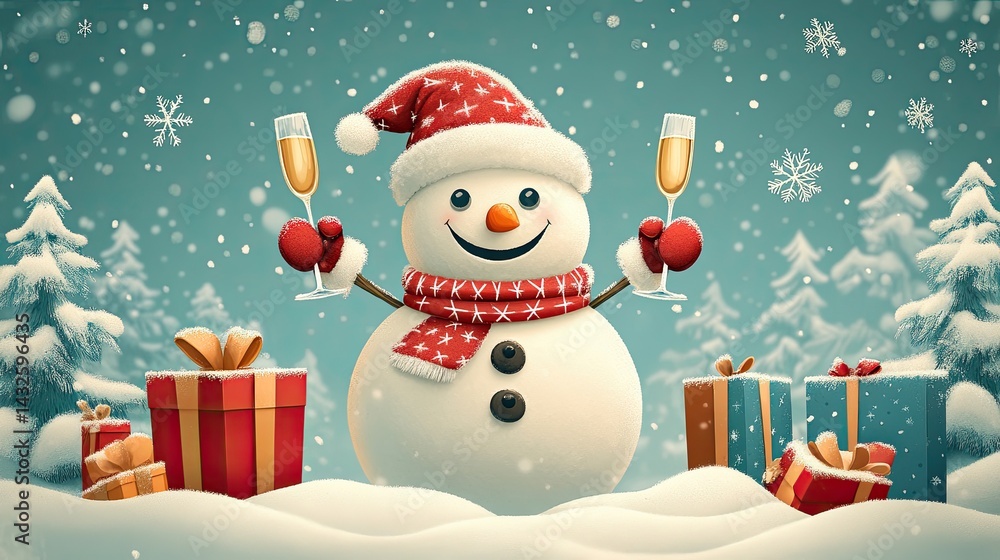 Snowman character for Christmas design with champagne and gifts. Ideal for games, apps, and winter projects. Snowman character for Christmas design with champagne and gifts. Ideal for games, apps, and winter projects.