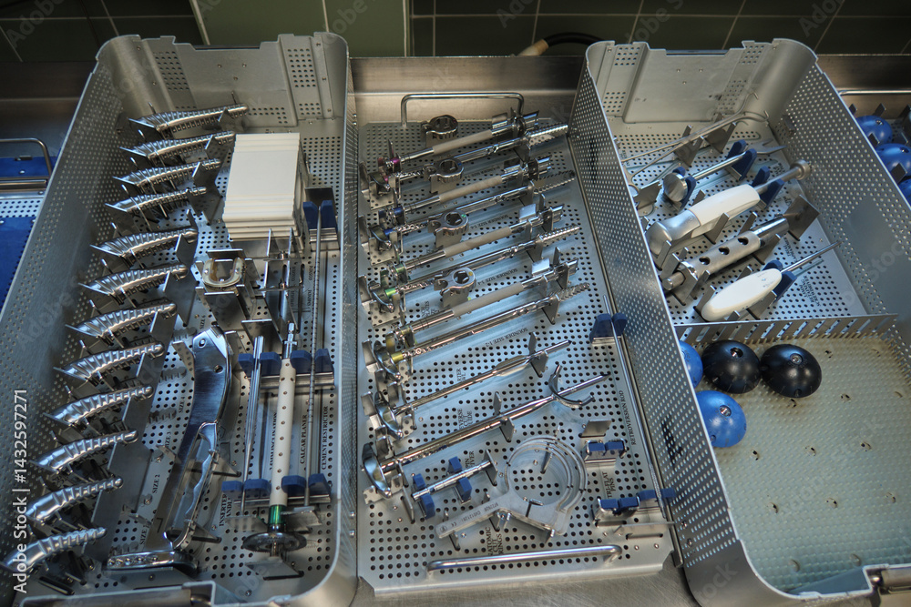 Instrument trays for a shoulder prosthesis stand on an operating table