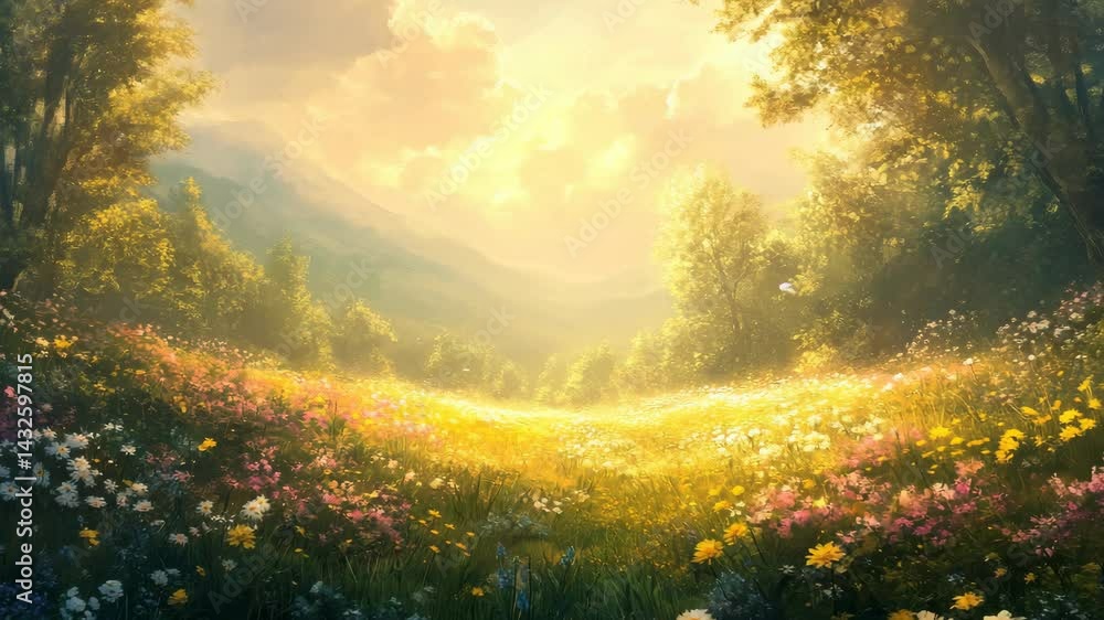 Sunlit meadow, mountain backdrop, spring flowers, idyllic scene Sunlit meadow, mountain backdrop, spring flowers, idyllic scene