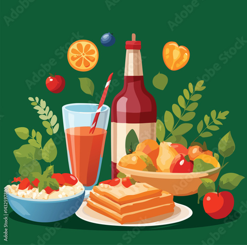 A colorful vector illustration showcasing a variety of fresh and healthy food and drink options, including fruits, a glass of juice, and a healthy meal.