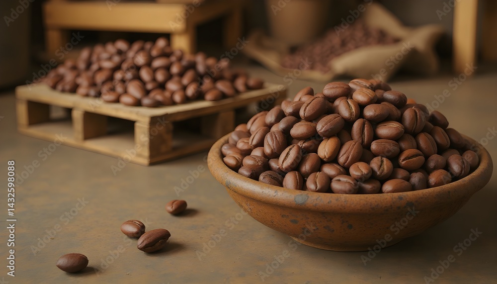 A rustic bowl overflowing with roasted coffee beans. The warm brown tones create a rich and inviting image, perfect for coffee lovers.