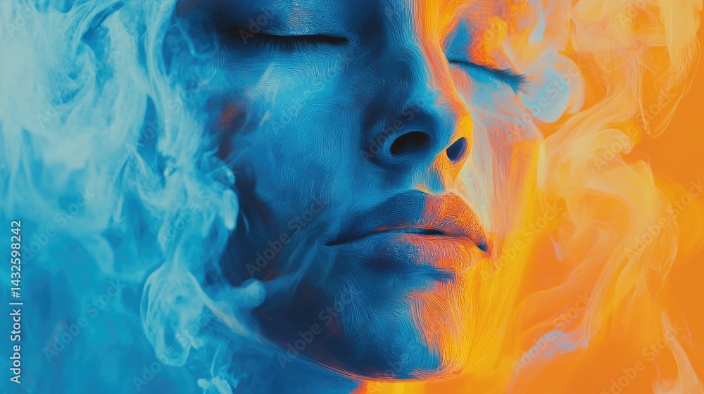 Abstract Portrait: Serene Face Immersed in Vibrant Blue and Orange Smoke Abstract Portrait: Serene Face Immersed in Vibrant Blue and Orange Smoke