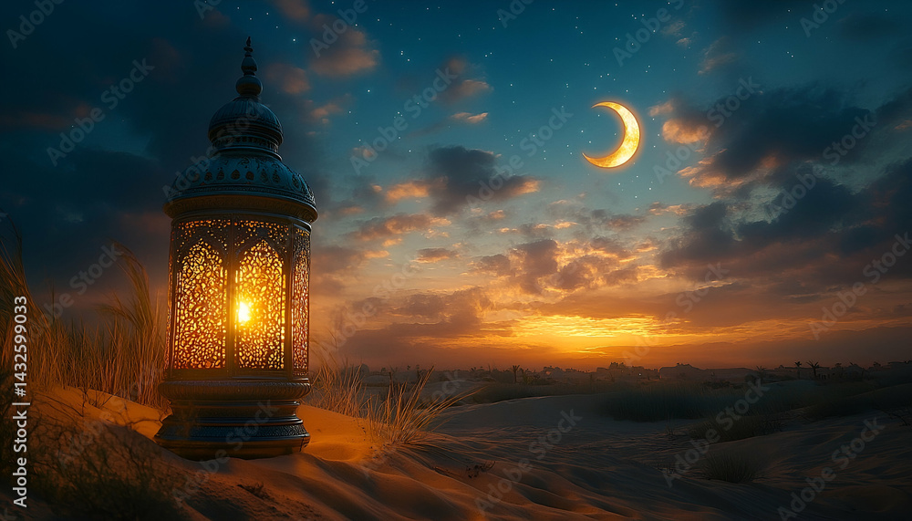 Fototapeta premium Glowing lantern mystical night landscape painting