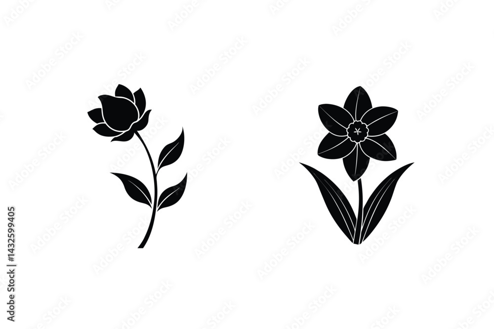 Obraz premium Elegant Black And White Floral Vector Silhouette Of A Rose And A Daffodil
