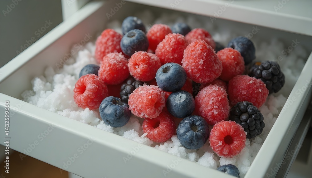 Frozen raspberries, blueberries, and blackberries nestled in ice crystals in a drawer. A colorful and refreshing summer treat.